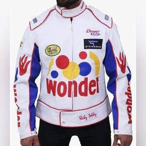 Men's Wonder Talladega Nights Ricky Bobby White Racing Leather Jacket